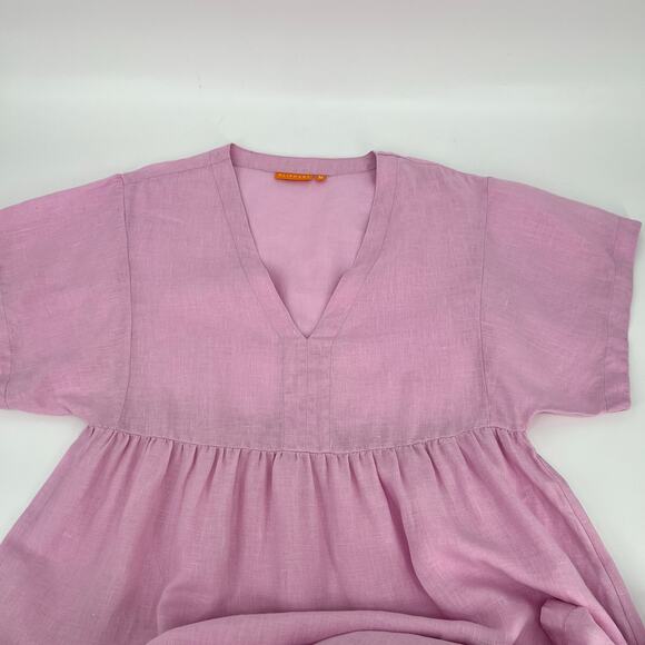 Oliphant 100% Linen Shift Dress Womens Medium Pink V Neck Midi Lagenlook Cottage - Picture 6 of 10